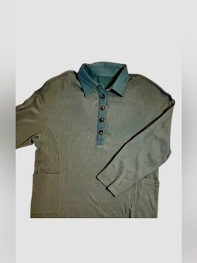 Waffle Knit Henley Oversized Henley with Collar Pockets Long Sleeve Sage Green